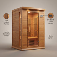 Infrared Sauna Built for Home Wellness, 4 Person Cedar, FAR Infrared Technology, Bluetooth Compatible — infographic