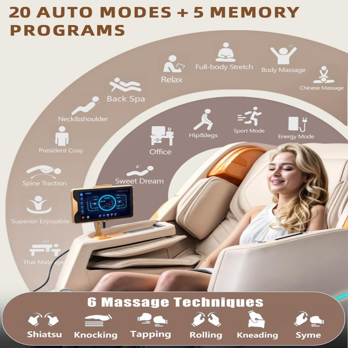 Massage Chair 4D Full Body Zero Gravity 55" Long Sl-Track,Beige | 20 Auto Modes,40 Airbags,Back Heat,Body Scan,Calf & Foot Roller,Hd Touchscreen,App Control,Bluetooth Speaker for Home Office